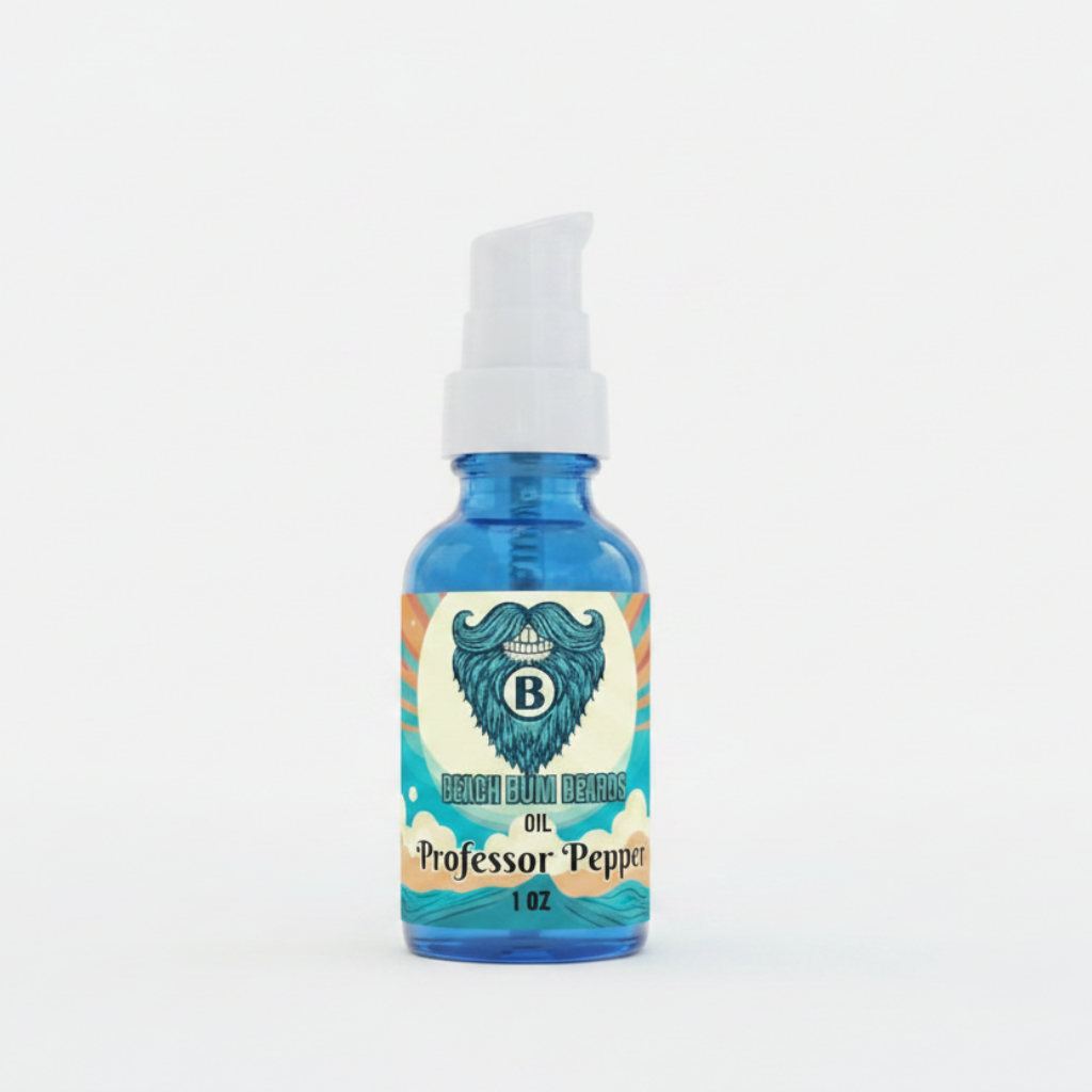 A 1 oz blue glass spray bottle of Beard Balm Company's 'Professor Pepper' beard balm, featuring a white pump dispenser and a vintage-style illustrated label, set against a plain white background.