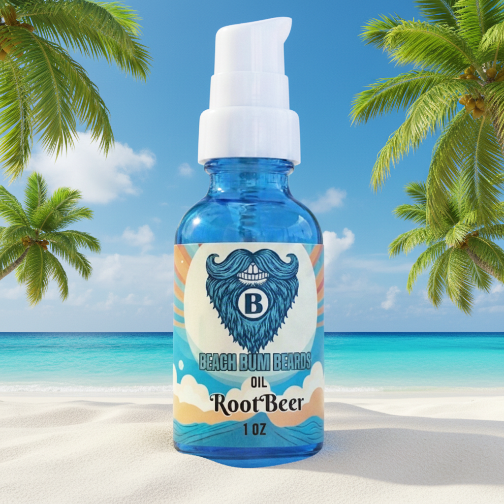 A 1 oz blue glass bottle of Beach Rum Barrel Root Beer Oil with a white pump dispenser, set against a tropical beach background with palm trees, blue sky, and turquoise water.