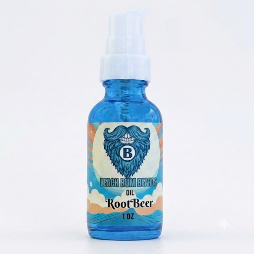 A 1 oz glass bottle of Beach Bum Beards Root Beer Oil, featuring a blue translucent bottle, white pump dispenser, and a colorful label with a blue bearded man's profile and the text 'Beach Bum Beards Oil Root Beer 1 OZ'.