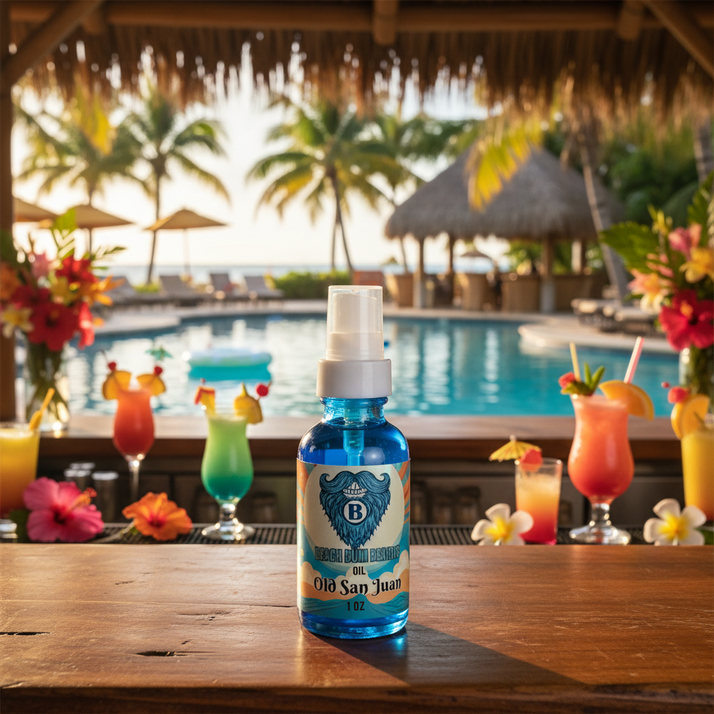 A bottle of Blue Magic Hand Sanitizer with Old San Juan flavor, filled with bright blue liquid, stands on a wooden bar counter in front of a tropical resort pool scene with palm trees and cocktails.