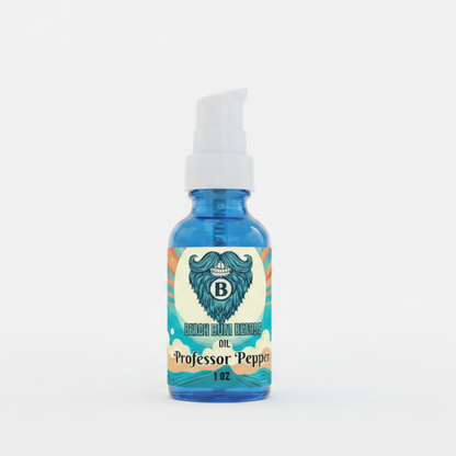 A 1 oz blue glass spray bottle of Beard Balm Company's 'Professor Pepper' beard balm, featuring a white pump dispenser and a vintage-style illustrated label, set against a plain white background.