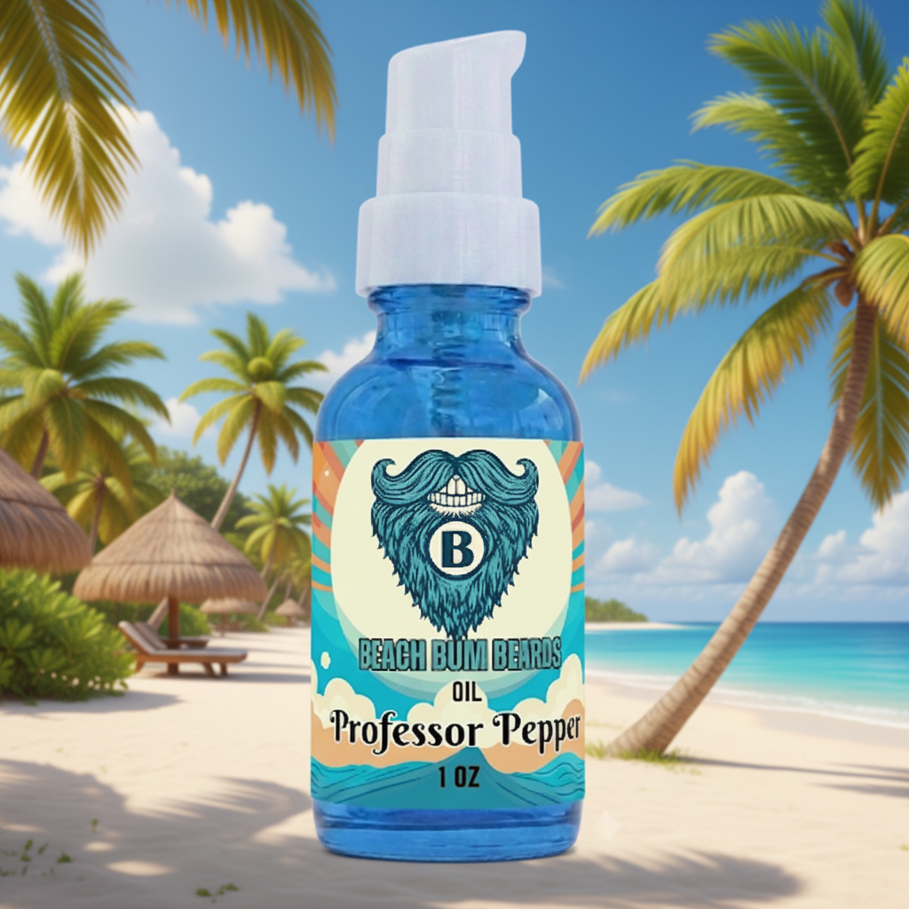 A 1 oz bottle of Beach Bum Beard Oil by Professor Pepper, featuring a blue bottle and a white pump dispenser, set against a tropical beach background with palm trees and a sandy shore.