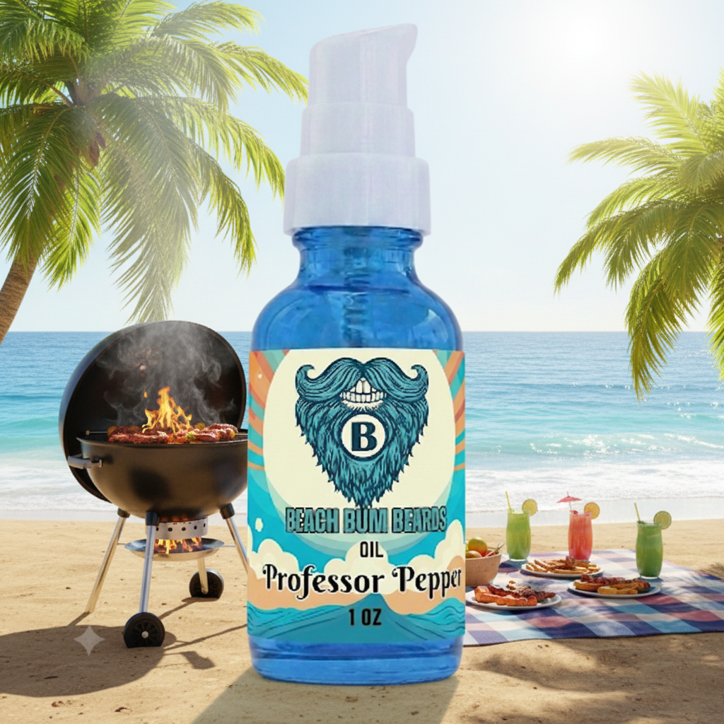 A 1 oz blue glass spray bottle of Beach Rim Renewal Oil, specifically the 'Professor Pepper' scent, featuring a white pump dispenser and a colorful label with a stylized blue bearded man's face.