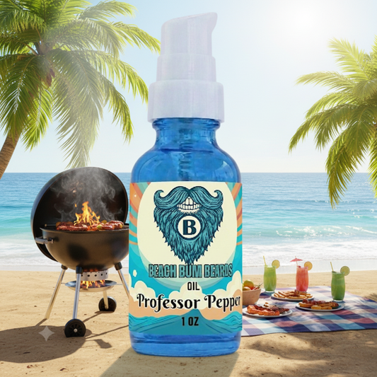 A 1 oz blue glass spray bottle of Beach Rim Renewal Oil, specifically the 'Professor Pepper' scent, featuring a white pump dispenser and a colorful label with a stylized blue bearded man's face.