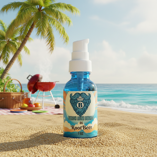 A 1 oz bottle of Beach Bum Beards Root Beer Oil stands on a sandy beach with a tropical ocean and palm tree background. The bottle is blue with a white pump and features a cream-colored label with a blue beard logo and the text 'Beach Bum Beards Root Beer Oil'.