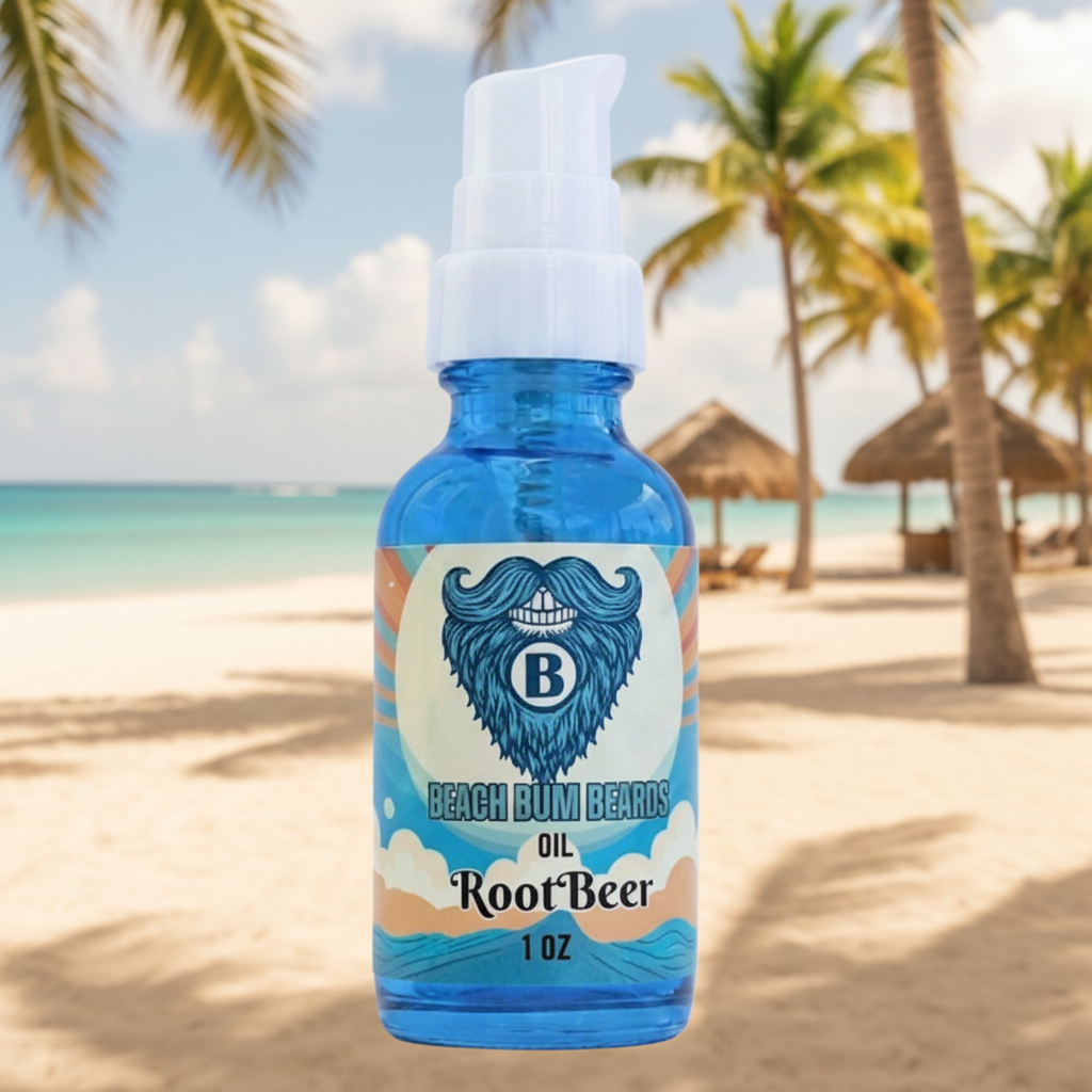 A 1 oz bottle of Beach Blum Beards Root Beer Oil, featuring a blue translucent bottle, white pump dispenser, and a label with a blue mustache logo and text, set against a blurred tropical beach background with palm trees and sand.