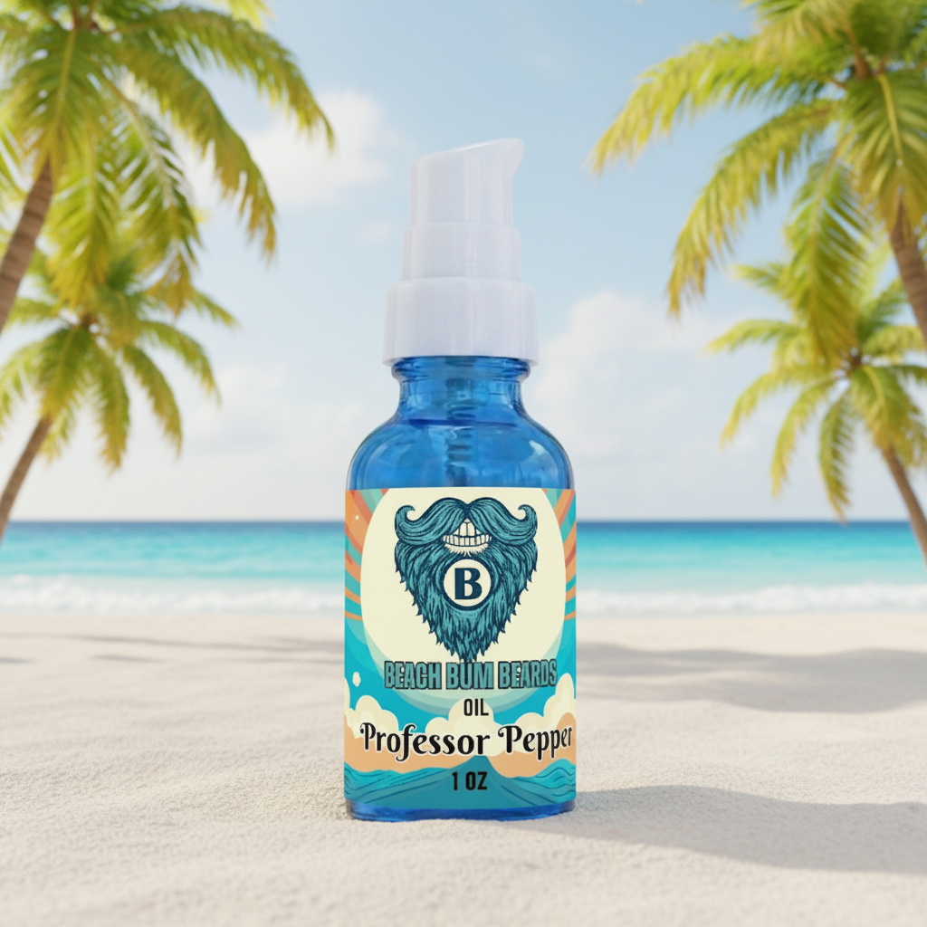 A 1 oz blue bottle of Beach Bum Balm Oil, Professor Pepper variant, standing on a sandy beach with palm trees and the ocean in the background.