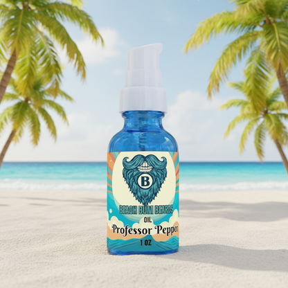A 1 oz blue bottle of Beach Bum Balm Oil, Professor Pepper variant, standing on a sandy beach with palm trees and the ocean in the background.